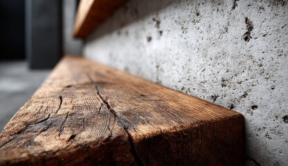 Close-up of rustic wooden bench against textured wall.