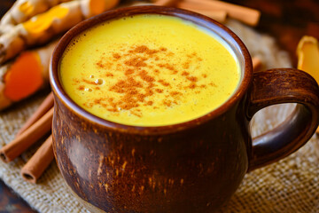 Warm mug of golden milk (turmeric latte) with a sprinkle of cinnamon on top, served in a cozy setting