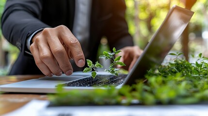 Fototapeta premium Laptop with Plant on Keyboard