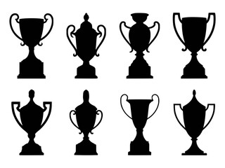 Silhouettes of various trophy cup designs on white background