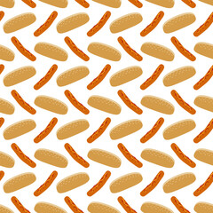 Doodle Grilled sausage with mustard and Ketchup and sesame bun Seamless Pattern Fast Food Background