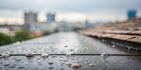 Raindrops on a wet rooftop overlooking a city skyline with a cloudy sky in the distance