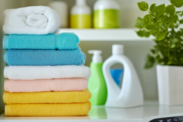 Well-organized laundry room with shelves full of detergents, fabric softeners, and neatly folded towels next to a washing machine