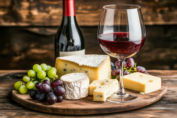 Wine and cheese pairing with a glass of red wine, a cheese platter, and grapes
