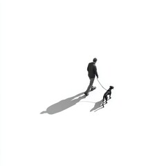 Shadowy Figure Walking Dog Minimalist Black and White Photo