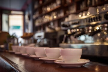 Elegant coffee shop scene featuring a row of white ceramic cups on a wooden counter, showcasing modern decor and inviting atmosphere for coffee lovers and casual gatherings.