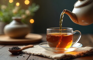 Hot tea pouring from teapot into cup. Tea is healthy beverage for winter morning. Autumn mood. Cozy still life with wooden spoon, tea leaves, soft light.