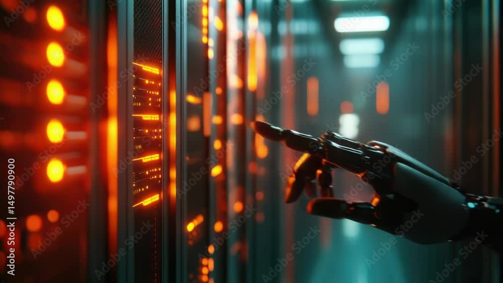 Poster a close-up image of a robot's hand touching a wall of servers, great for futuristic tech or ai conce