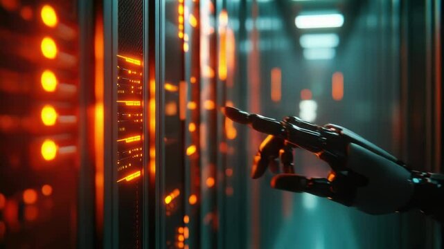 A close-up image of a robot's hand touching a wall of servers, great for futuristic tech or AI concepts