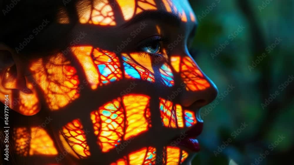 Poster a close-up shot of a woman's face with a unique stained glass pattern