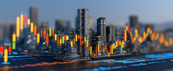 City skyline overlaid with financial stock chart.