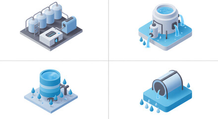 Water Treatment Plant Isometric Icons Showing Purification and Distribution Process