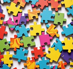 A scattered arrangement of brightly colored jigsaw puzzle pieces on a white background surface view
