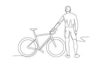 Obraz premium Man holding a bicycle. World bicycle day concept one-line drawing