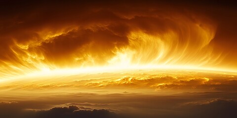 Obraz premium Golden hour sky with clouds illuminated by the sun creating a warm and ethereal atmosphere view