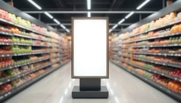 Blank advertising mockup in supermarket. Blurred background end cap display for product promotion. Empty white promotional poster in grocery store. Marketing retail concept.