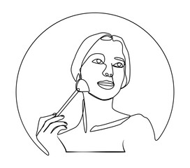 Continuous one line drawing of a young woman applying makeup with a brush. Elegant minimalist illustration of beauty, cosmetics, skin care, self care etc.