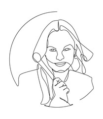Continuous one line drawing of a smiling woman holding a makeup brush on her face. Elegant and expressive vector illustration with facial features.