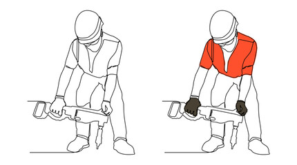 Line art illustration of a construction worker operating a jack hammer, wearing a helmet and safety gloves. industry, safety training, or construction
