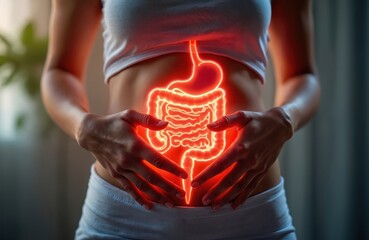 Woman holds hands on stomach highlighting digestive system. Red glowing illustration of human gut, stomach and intestines. Probiotic supplements support gut health and wellness.