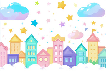 Fototapeta premium A charming pastel-colored cartoon city scene with fluffy clouds and twinkling stars in the sky, illustrated with playful, whimsical details in a charming children's book style.