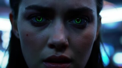 Extreme close-up of a young woman's face, her eyes glowing an intense green. Suited for cyberpunk thrillers or sci-fi character reveals. Perception altered, future vision. 4k 60 fps. - Powered by Adobe