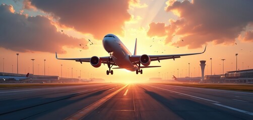 Airplane taking off airport runway against sunset. Commercial flight on departure, air travel, vacation. Airline jet aircraft in sky. Concept of air transportation, journey, tourism, business trip.