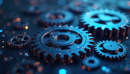 Abstract 3D rendering gears, digital lines, bokeh lights. Dark blue background. Illustration of technology, industry, engineering, mechanic, innovation, future progress development automation systems.