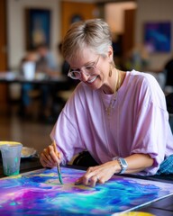 A visually impaired person painting with vibrant colors in a sensory art class, joyful expression