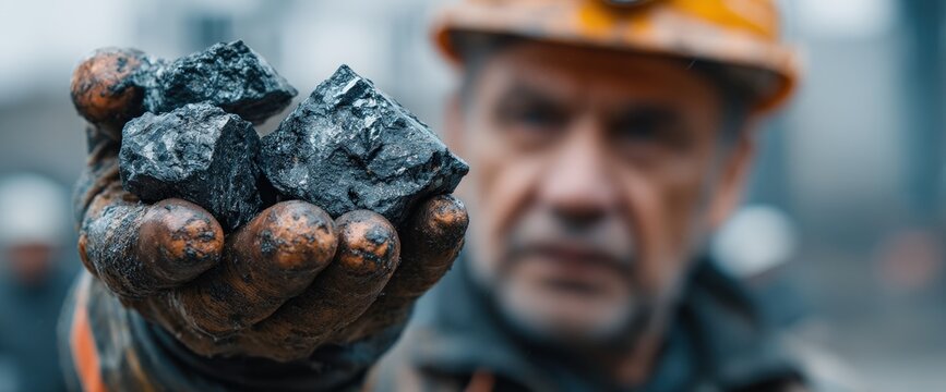 Male miner holding coal in a gloved hand, showcasing raw minerals.