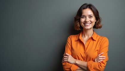 Happy businesswoman portrait in orange shirt crossing arms smiling. Attractive female face with a cheerful expression against a grey background. Confident model demonstrates business success.
