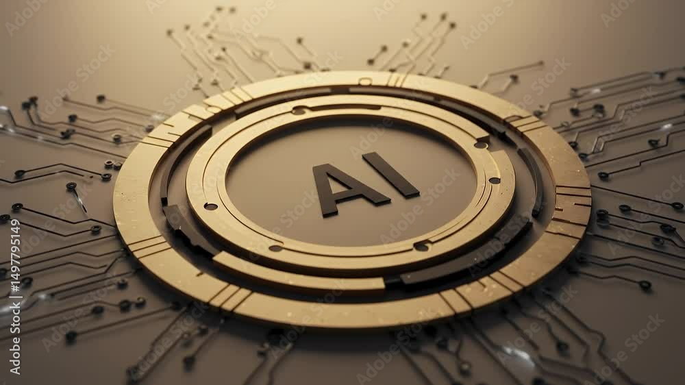 Poster golden ai circuit board design with intricate patterns and modern technology background