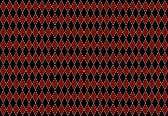 Seamless design of repeated diamonds or rhombuses in black and red with white strokes, harlequin pattern featuring numerous elongated symmetrical shapes arranged vertically, with interchanging colors