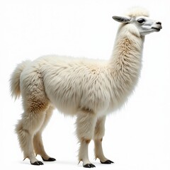 Obraz premium White llama stands gracefully against white backdrop. Fluffy woolly pet animal with curious expression, perfect for design projects, farm, wildlife, nature illustrations, eco themes.