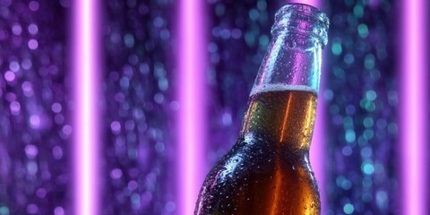 Beer bottle with dripping condensation under neon glow, cinematic mood