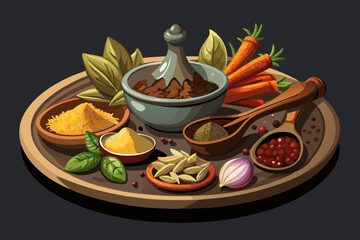 Assortment of Spices Herbs and Vegetables on Wooden Tray