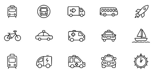 Transportation icons hand drawn black and white set