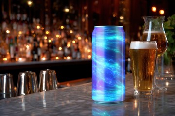 Beer can with digital hologram label, high-tech bar setting