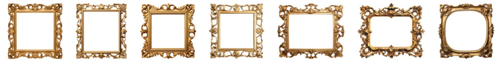 PNG Elegant ornate gold frames display, element set on transparent background