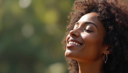 Beautiful black woman smiles joyfully, eyes closed, peaceful facial expression. Light, nature background. Portrait of happy girl, feeling freedom, happiness, gratitude. Spirituality, religion, faith,
