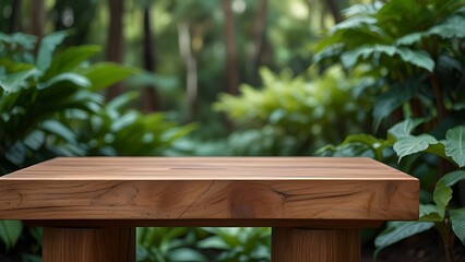 Naklejka premium Wooden table with green foliage blurred background displaying product presentation and natural theme