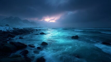 Obraz premium A stormy ocean crashes against a frozen Icelandic shore at twilight beneath dark clouds