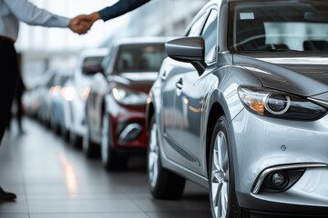 A handshake agreement at a car dealership, symbolizing a successful sale and trust.