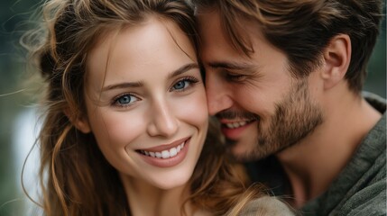 Fototapeta premium A happy couple sharing an intimate moment in a serene outdoor setting.