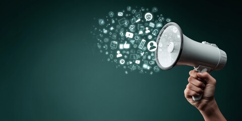 A hand holding a megaphone with glowing social media icons and people symbols on a dark green background, concept of marketing or advertising a social