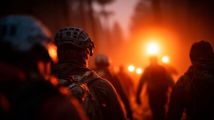 Group of silhouetted hikers walking through a pine forest with torches glowing at sunset