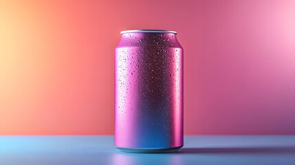 A vibrant pink and blue retro soda can, glistening with condensation, sits against a colorful 80s-inspired background, perfect for nostaic beverage advertisements or designs.