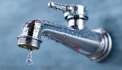Close-up of a water droplet from a metallic tap.