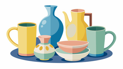 Collection of Pastel Colored Ceramic Pottery and Mugs