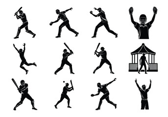 Cricket Action Silhouette Vector Collection – Batting, Bowling, Fielding & Wicketkeeper Icons in EPS Format